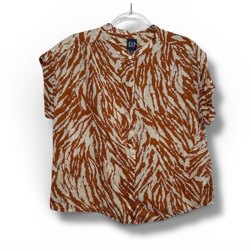 GAP Button Down Blouse Top‎ Brown Cream Zebra Print Lightweight Cotton Size XS